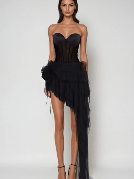 Roxana Corset Mesh Asymmetric Skirt Set