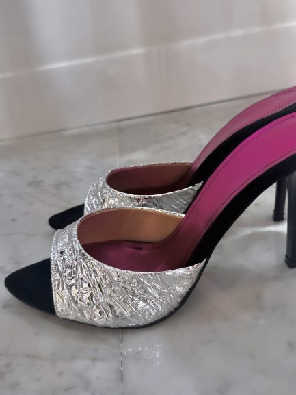 Silver metallic  pink heeled mule
